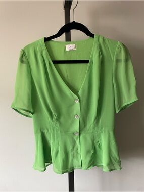 NEW Wilfred Button Front Blouse Green Chiffon Peplum Boho Cottagecore